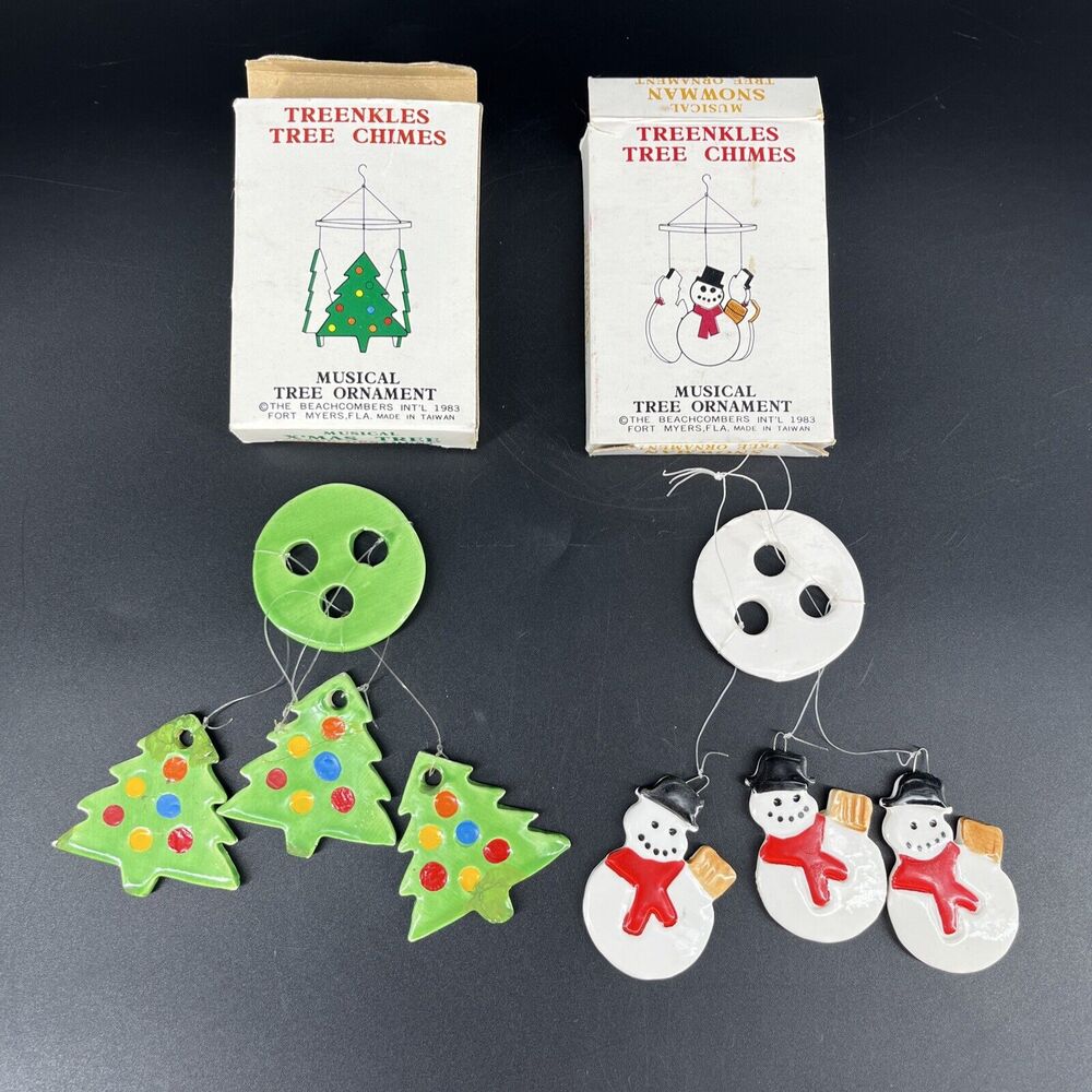 VTG Beachcombers Treenkles Ceramic Tree & Snowman Chimes Christmas Ornament 1983
